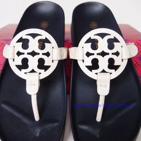 NIB Tory Burch Miller Cloud Leather Thong Sandal Cream Navy US 9 100% AUTHENTIC
